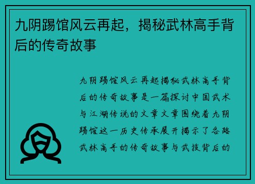 九阴踢馆风云再起，揭秘武林高手背后的传奇故事